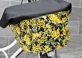 ワイドサイズ：無地ブラック×ミモザフラワー柄バスケットカバー 前かごカバー 撥水 防水 自転車カバー 自転車前かごカバー 前カゴカバー 自転車 カバー 前| 自転車前カゴカバー カゴ