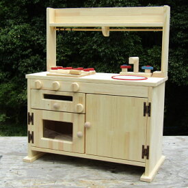 手作り木製「棚付き」ままごとフルキッチン　GHK-R・棚付き　Sの字付き　ホーローシンク