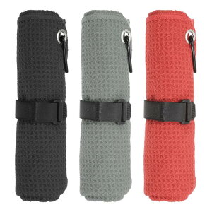 PATIKIL 24 x 16インチ マイクロファイバーゴルフタオル 3パック 三つ折りゴルフタオル ワッフルパターン タオル 吸収力 Dクリップ フックとループファスナー付き 黒/グレー/レッド