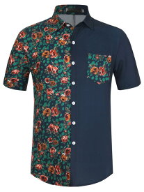 Lars Amadeus ハワイアン花柄シャツ パッチワーク 半袖ボタンダウンシャツ サマーシャツ メンズ ネイビー XL