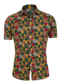 Lars Amadeus トップス ボタンダウンシャツ 柄シャツ パイナップルプリント ハワイアン 半袖 トロピカルフルーツ メンズ イエロー M