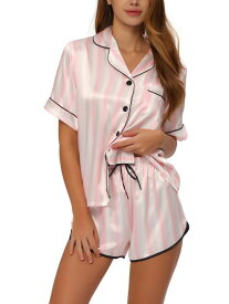 cheibear パジャマセット サテン ナイトウェア ラウンジパジャマ Tシャツとショーツ 2ピース 水玉 レディース ピンクホワイト M