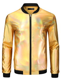 Lars Amadeus ホログラフィック メタリック バーシティ ジャケット ジップアップ 長袖コート 光沢のあるボンバージャケット メンズ ゴールデン XL
