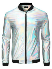 Lars Amadeus ホログラフィック メタリック バーシティ ジャケット ジップアップ 長袖コート 光沢のあるボンバージャケット メンズ 銀 S