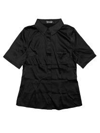Allegra K ビジネスシャツ 半袖トップス 光沢ブラウス カジュアル 夏 サテン ボタンダウン レディース ブラック XS