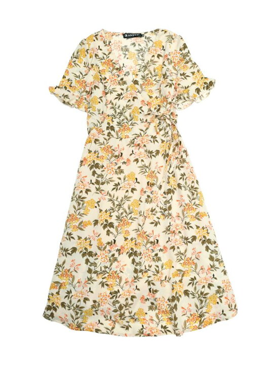 楽天市場 ソウテン Allegra K 花柄ワンピース クロスオーバーvネック フレアスリーブ フェイクラップフローラルドレス レディース ベージュ Xs ソウテン