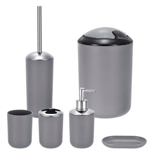 バスルームアクセサリーセット ソープディスペンサー 歯ブ ラシカップ 歯ブ ラシホルダー トイレブ ラシホルダー 石鹸皿 ゴミ箱 家庭用洗濯室用 グレー 6個