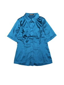 Allegra K ビジネスシャツ 半袖トップス 光沢ブラウス カジュアル 夏 サテン ボタンダウン レディース ピーコックブルー M
