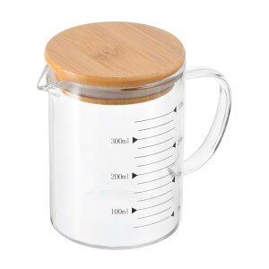 PATIKIL 350ml ガラス計量カップ 3.3ホウケイ酸ガラス スケール 黒 印刷スケール 液体メジャーカップ ビーカー 木蓋とV字注ぎ口付き キッチン用