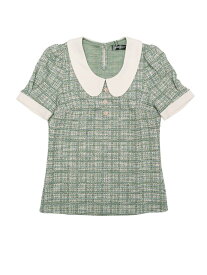 Allegra K トップス ブラウス チェック柄 Tシャツ ツイード ボタン飾り 丸襟 可愛い 夏服 レディース グリーン XS