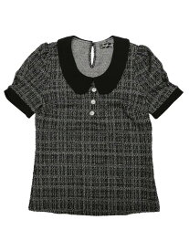 Allegra K トップス ブラウス チェック柄 Tシャツ ツイード ボタン飾り 丸襟 可愛い 夏服 レディース ブラック XS