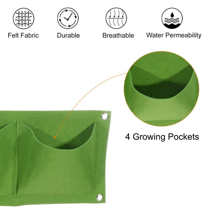 縦吊りグローバッグ4ポケット付き 壁掛け フェルト生地 植木鉢バッグ 植物の容器 庭 家 装飾用 グリーン 2個