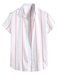 ソウテン Lars Amadeus ストライプシャツ ボタンダウンビーチシャツ 半袖トップス カジュアル サマー メンズ ホワイトオレンジ M
