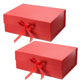 PATIKIL 33 x 25 x 12 cm 磁気ギフトボックス 2個 折りたたみ可能 紙 パーティー記念品ボックス 蓋とリボン付き 結婚式 バレンタインデー 誕生日用 レッド
