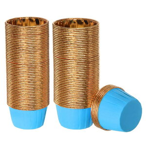 カップケーキカップ アルミホイル 標準 カップケーキライナー カップケーキベーキングカップ 誕生日パーティー 結婚式の装飾用 ブルー 黄金色 100個