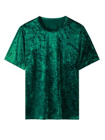 Lars Amadeus ベルベット Tシャツ 半袖 クルーネック 光沢 おしゃれ ベロア カットソー トップス シャツ メンズ 濃い緑色 L