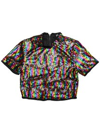 Allegra K シャイニングTシャツ クロップトップ グリッター 半袖ブラウス 衣装 スパンコール クラブ レディース レインボー L