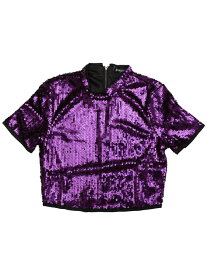 Allegra K シャイニングTシャツ クロップトップ グリッター 半袖ブラウス 衣装 スパンコール クラブ レディース パープル XL