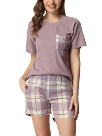 cheibear パジャマ 半袖 Tシャツ ショートパンツ付き チェック柄 パジャマセット カップル レディース パープル L