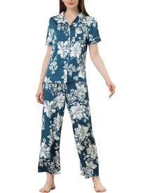 cheibear パジャマセット シルク 半袖 トップス ロングパンツ 花柄 サテン レディース ブルー XS
