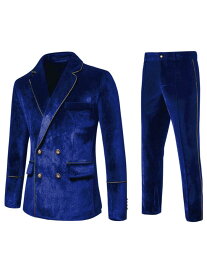 Lars Amadeus コートとドレスパンツ ブレザー スーツ ベルベット ダブルブレスト 2点セット メンズ ネイビーブルー 2XL