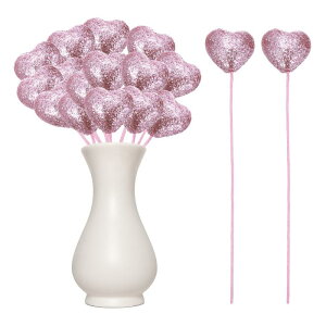 24個のグリッターハート形ピック パフィーフォームハート フローラルスパークリースティック バレンタインデー ウェディングデコレーション ホーム花瓶用品 花アレンジメント クラフト(