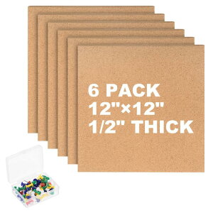PATIKIL コルクボードタイル 6個入り12" x 12" コルクボード掲示板 厚さ1/2" セルフアドヒーシブ付き 壁 家庭 オフィス用50個の押しピンウッドクリップ付き
