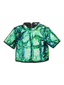 Allegra K シャイニングTシャツ クロップトップ グリッター 半袖ブラウス スパンコール クラブ レディース グリーン XL