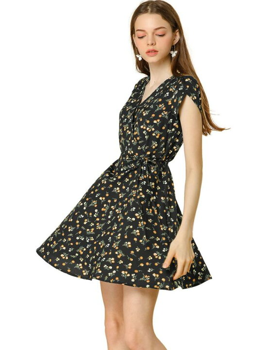 楽天市場 ソウテン ワンピース 花柄 ミニドレス Vネック 花びらの袖 ベルト付き レディース ブラック Xl ソウテン