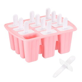 シリコーン アイスポップの型 自家製アイスクリーム 金型セット 簡単リリース アイスポップメーカー 蓋取っ手付き DIY用 - ピンク 12個