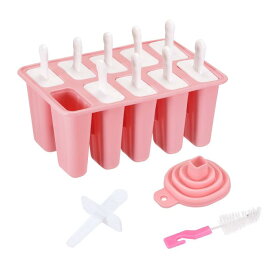 シリコーン アイスポップの型 自家製アイスクリーム 金型セット スティック付き シリコンアイスポップ 漏斗 掃除用ブラシ DIY用 - ピンク 10個