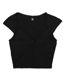 Allegra K ブラウス クロップトップ ハートネック キャップスリーブ リブニット スリムフィット ツイストノット Tシャツ レディース ブラック S