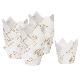 150個 チューリップ型カップケーキライナー スタンダードサイズの紙製ベーキングカップ 耐油包装紙 誕生日パーティーやバンケット用 金柄の白色