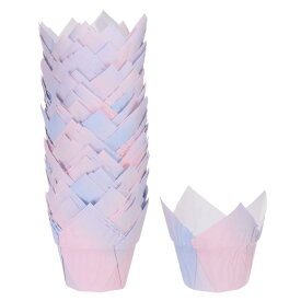 50個 チューリップ型カップケーキライナー スタンダード紙製ベーキングカップ 耐油包装紙 誕生日パーティーやファンシーなピンクパープルに最適