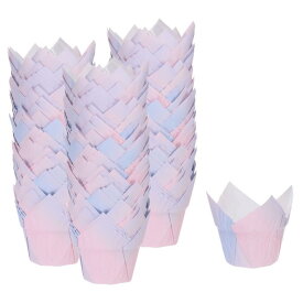 150個 チューリップ型カップケーキライナー スタンダードサイズの紙製ベーキングカップ 耐油包装紙 誕生日パーティーやファンシーなピンクパープルの宴会に最適です。