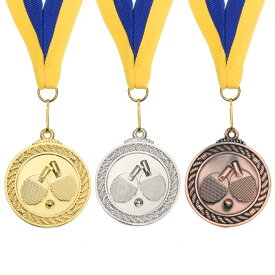 PATIKIL 50 mm ピンポンメダル 3個 卓球賞メダルセット 金銀銅メダル リボン付き ブルー イエロー ゲーム スポーツ競技用