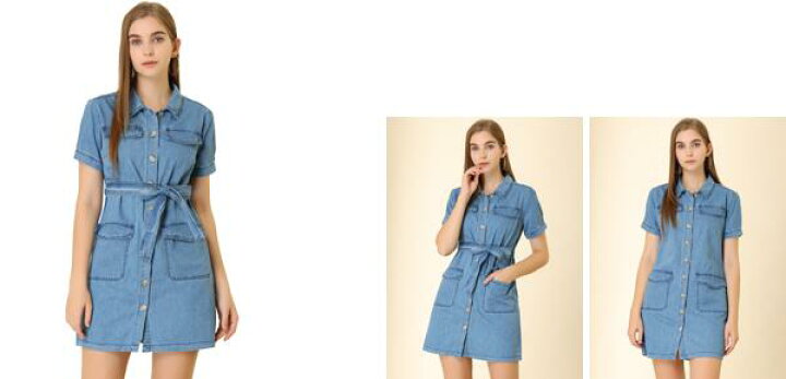 楽天市場 ソウテン Allegra K ジーンズ デニム ワンピース ドレス ポケット付きベルト付き フル前立て レディース ディープブルー Xs ソウテン