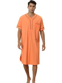 Lars Amadeus ナイトシャツ メンズ 半袖 ヘンリーネック 快適 パジャマ ナイトガウン オレンジ L