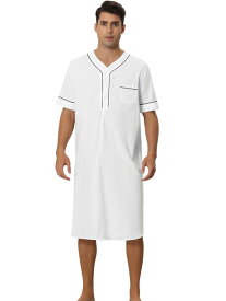 Lars Amadeus ナイトシャツ メンズ 半袖 ヘンリーネック 快適 パジャマ ナイトガウン ホワイト XL