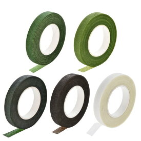 フローラルテープ 5ロール 12mm幅 30ヤード 花の接着剤 フラワーアレンジメントキット ダークグリーン、ライトグリーン、グリーン、ブラウン、ホワイト