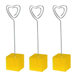 PATIKIL 樹脂キューブベース 絵札入れ 3個 ハート型 金属クリップ ワイヤークリップ ノート 卓上スタンドホルダー パーティー 会議 結婚式表示用 イエロー