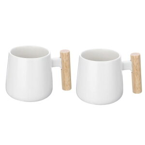 2個セラミックコーヒーマグ12.85オンスシンプルな木製ハンドル大型コーヒーマグ手作りセラミックティーカップラテコーヒーティースープ事務所用および女性と男性へのギフト ホワイト