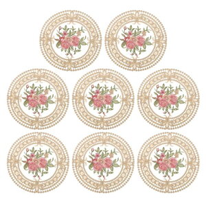 ファブリックコースター ポリエステルかぎ針編みコースター ラウンドレース刺繍カップクッション 花柄付き ウェディングパーティーの装飾用 キャメル 120 mm 8個