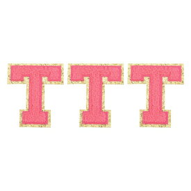 チェニールレター×パッチ T 大サイズ 3.15"x2.76" アイロンで貼るレター×パッチ 金グリッター刺繍パッチ 衣類 靴 帽子 バックパック用 3個入り（ホットピンク）