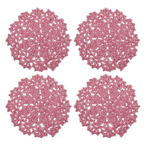 ファブリックコースター 綿織かぎ針編みドイリー レース刺繍カップマッと 花柄付き ウェディングパーティーの装飾用 レザーピンク 105 mm 4個