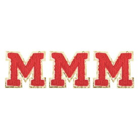 チェニールレター×パッチ M 大サイズ 3.15"x3.35" アイロンで貼るレター×パッチ 金グリッター刺繍パッチ 衣類 靴 帽子 バックパック用 3個セット（赤）