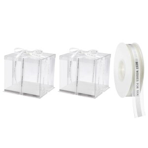クリアケーキボックス リボン付きトールケーキボックス 20 cmケーキの梱包 キャリー 誕生日 パーティー 結婚式用 260 x 260 x 260 mm ホワイト 2個