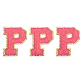 チェニールレター×パッチ 大サイズ 3.15"x2.48" アイロンで貼るレター×パッチ 金グリッター刺繍パッチ 衣類 靴 帽子 バックパック用 3個入り（ホットピンク）