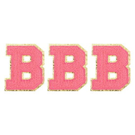 チェニールレター×パッチ B 大サイズ 3.15"x2.48" アイロンで貼るレター×パッチ 金グリッター刺繍パッチ 衣類 靴 帽子 バックパック用 3個入り（ホットピンク）