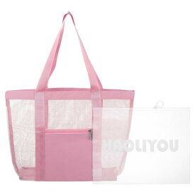 メッシュビーチトートバッグ 1枚 33×10×33cm 改良型ビーチバッグ 内側に乾湿分離ポケット付き 防水プールバッグ ビーチバケーションや旅行・日常使いに最適 (ピンク色)